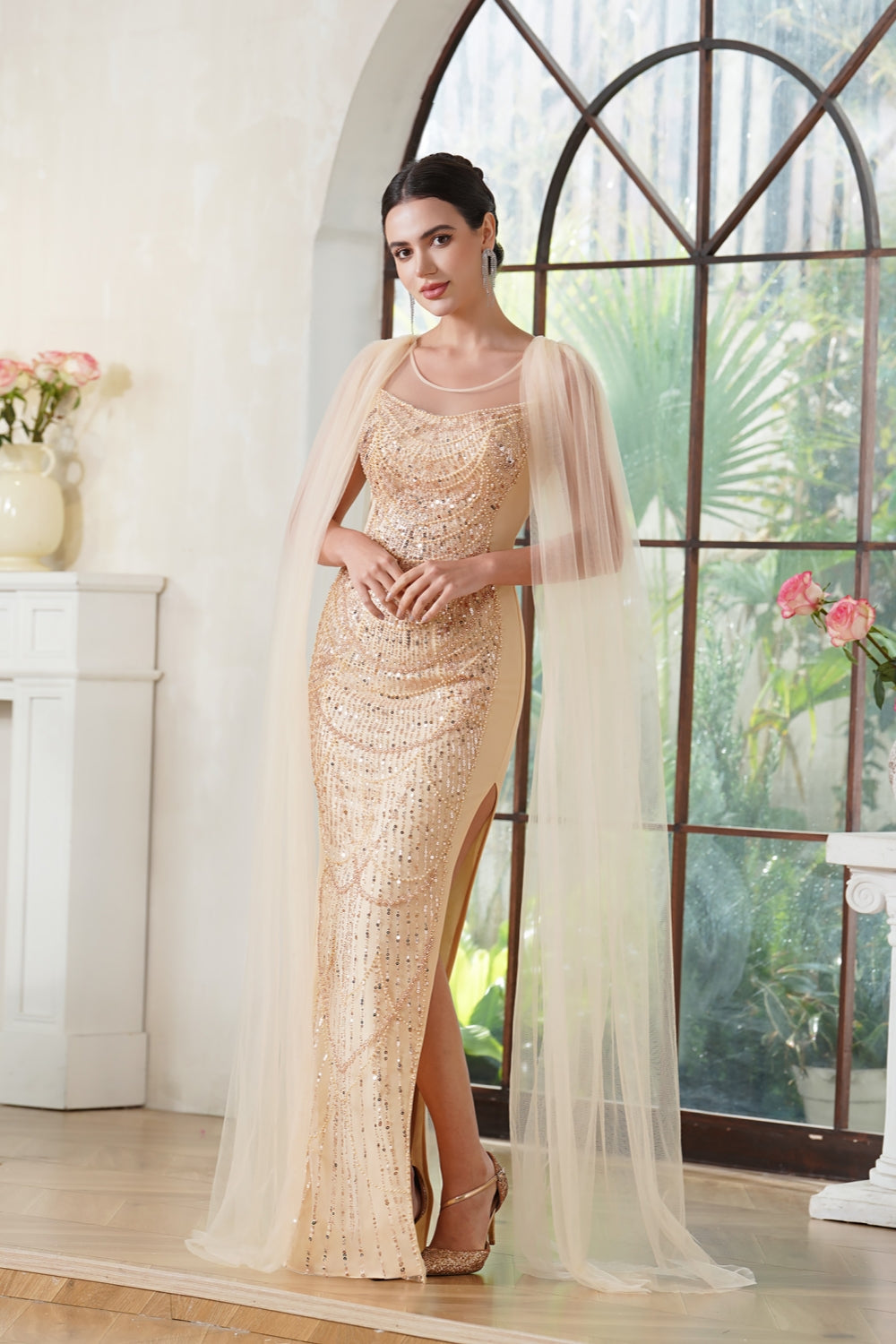 Champagne Long Mermaid Scoop Neck Tulle Formal Prom Dress with Cape