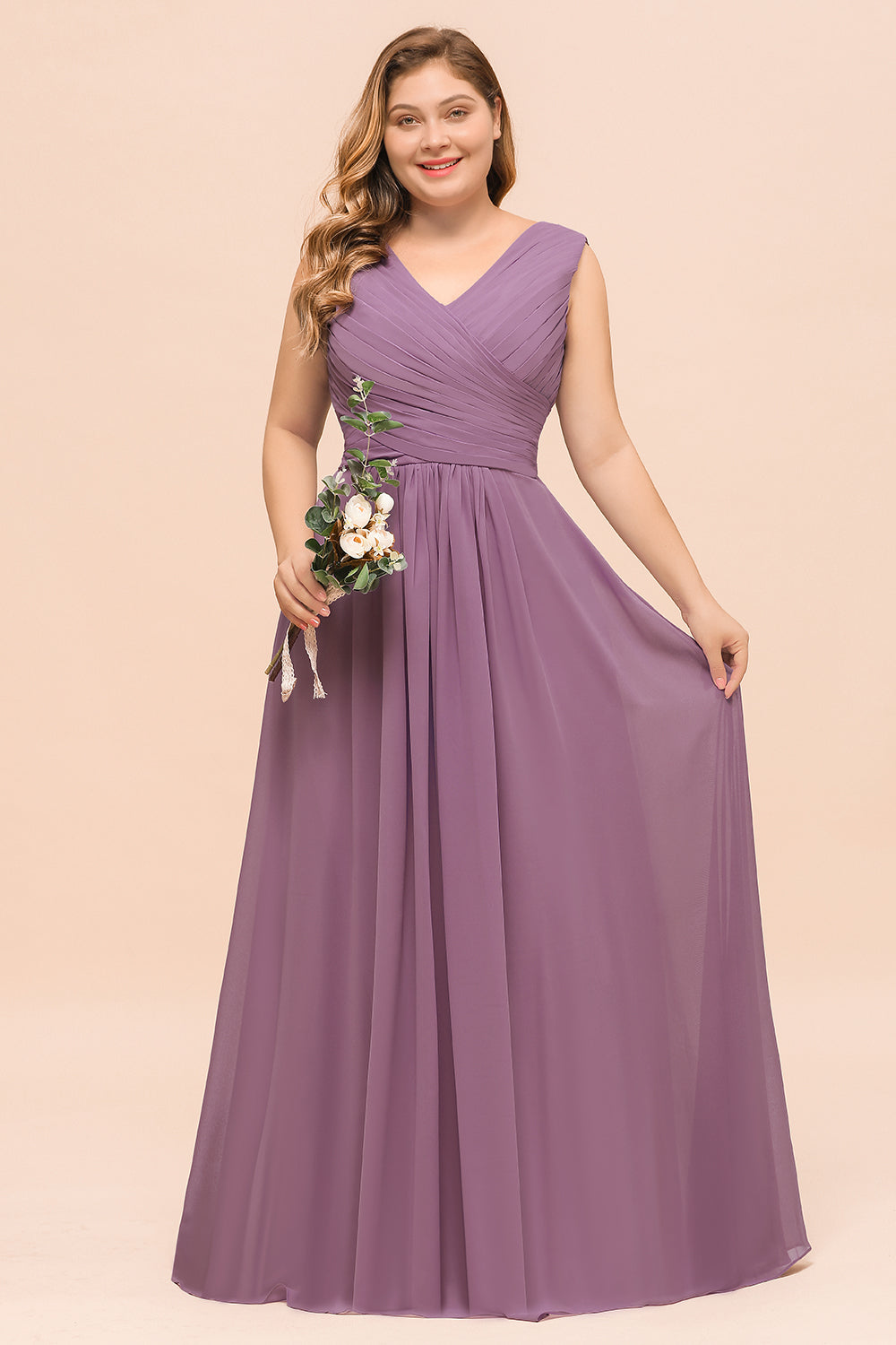 Elegant Plus size Long A-line V-neck Sleeveless Chiffon Wisteria Bridesmaid Dress