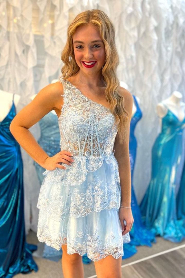 A-Line One Shoulder Dark Navy Sequins Short Homecoming Dress