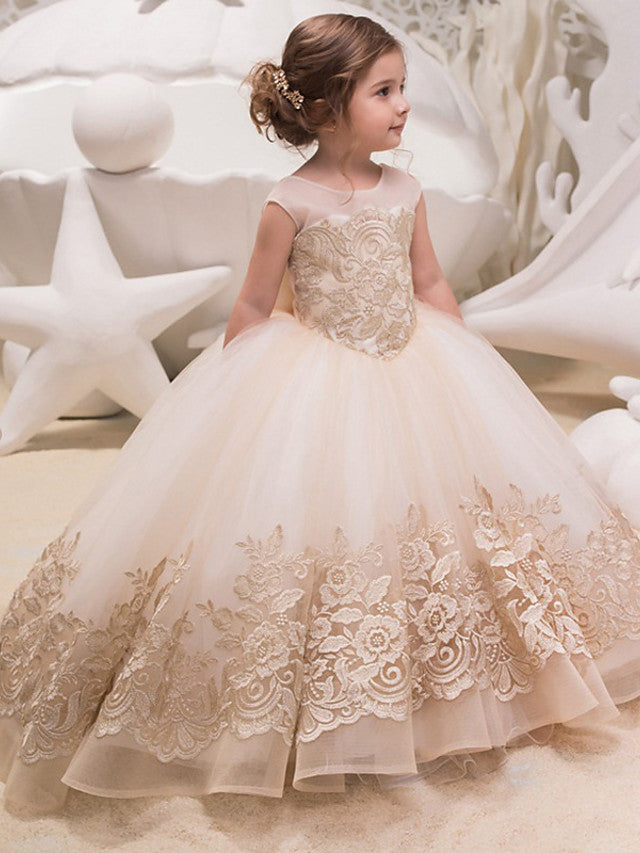 Long Ball Gown Tulle Lace Jewel Neck Flower Girl Dresses with Appliques Lace
