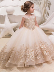 Long Ball Gown Tulle Lace Jewel Neck Flower Girl Dresses with Appliques Lace
