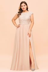 Elegant Plus Size Long A-line Jewel Chiffon Bridesmaid Dresses with Slit
