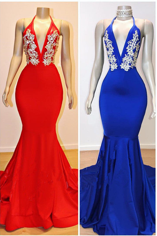 Long V-Neck Halter Mermaid Appliques Lace Prom Dresses