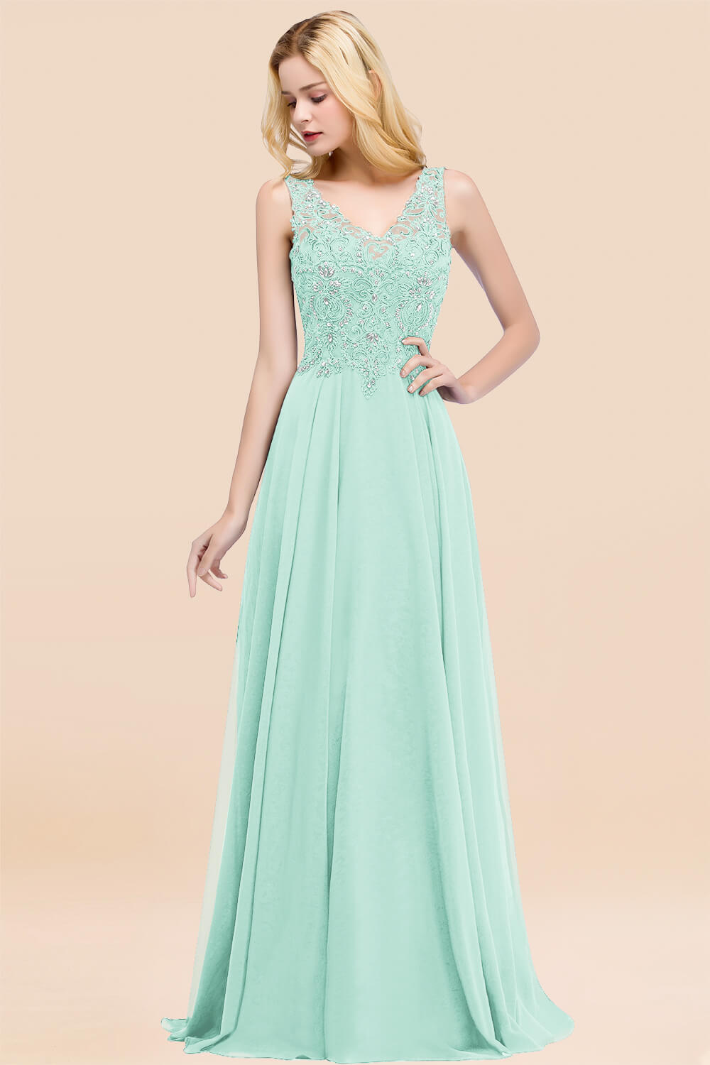A-line Chiffon Appliques V-neck Sleeveless Floor Length Bridesmaid Dresses with Crystals