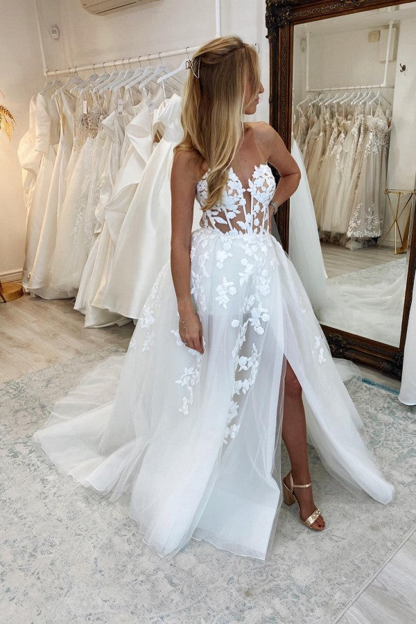 Beautiful White Long A-line Sweetheart Tulle Lace Wedding Dress with Slit