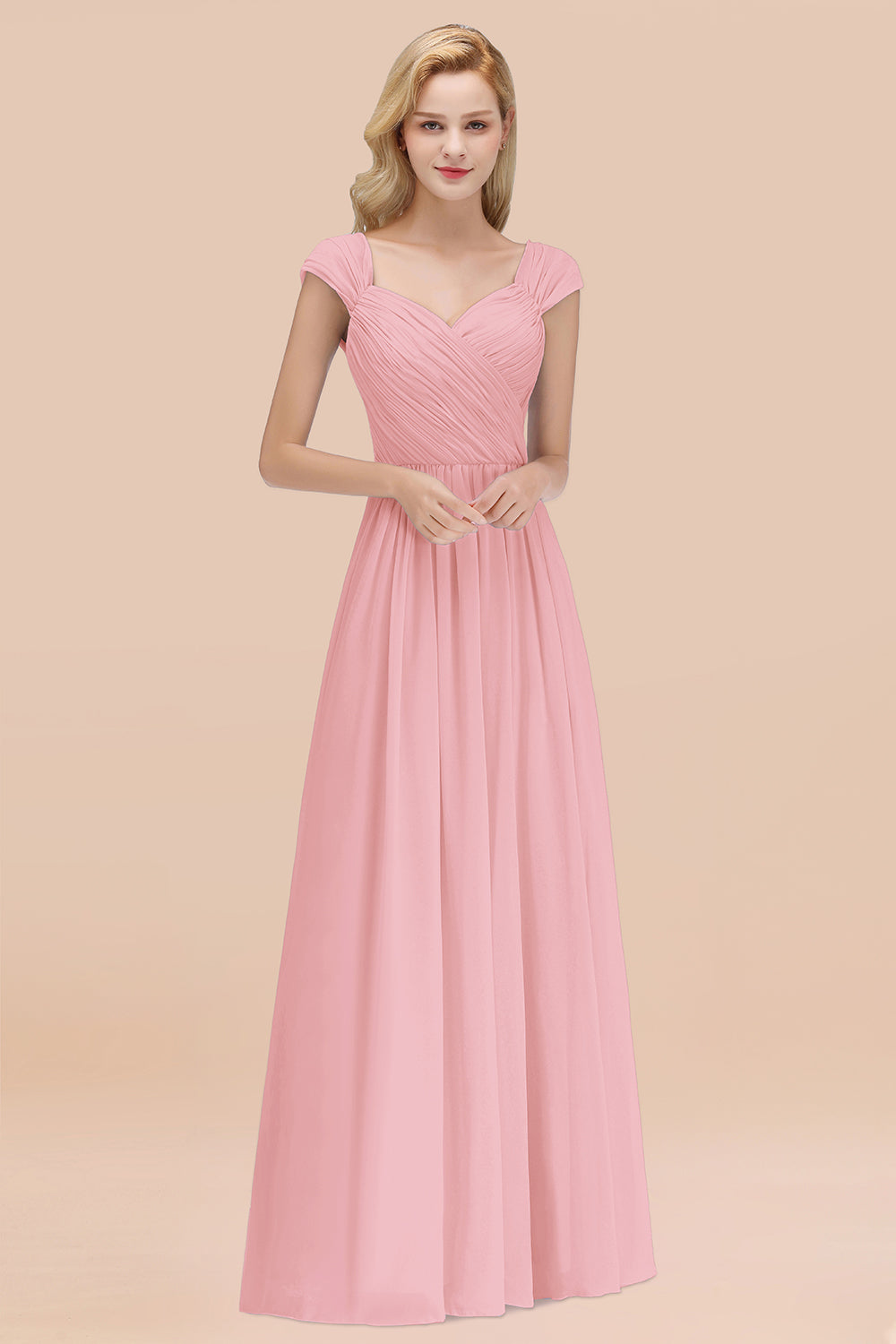 A-Line Chiffon Straps Sweetheart Sleeveless Floor Length Bridesmaid Dress with Ruffles