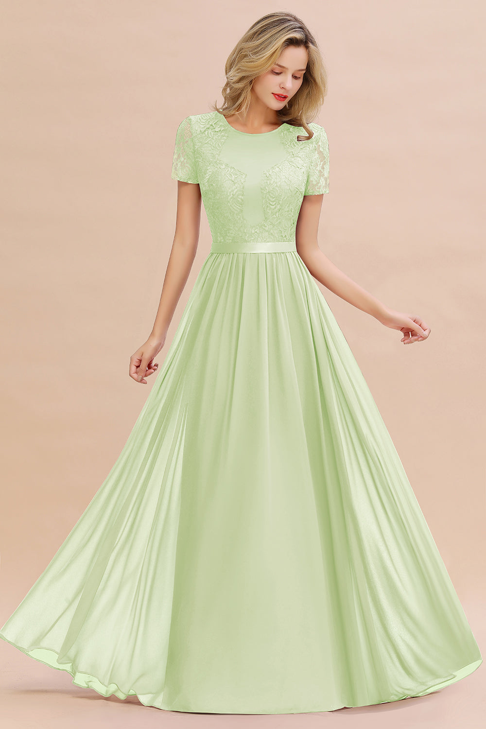 Chiffon Lace Scoop Short Sleeve Bridesmaid Dress