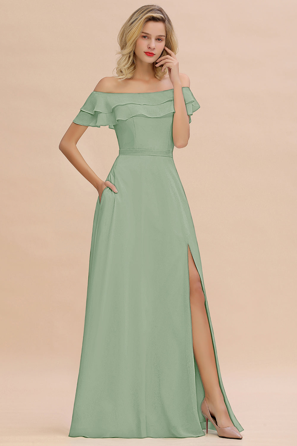 Off the Shoulder Front Slit Mint Green Long Bridesmaid Dress