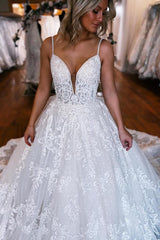 Gorgeous A-Line V-Neck Spaghetti Straps Tulle Lace Long Wedding Dress with Appliques