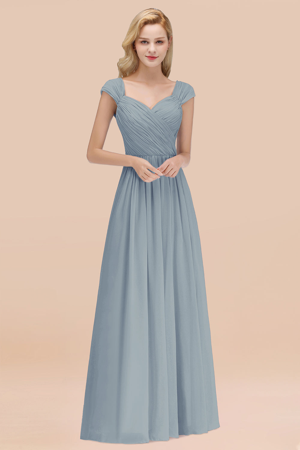 A-Line Chiffon Straps Sweetheart Sleeveless Floor Length Bridesmaid Dress with Ruffles