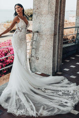Sexy Long Mermaid Deep V-Neck Lace Tulle Backless Wedding Dress with Train