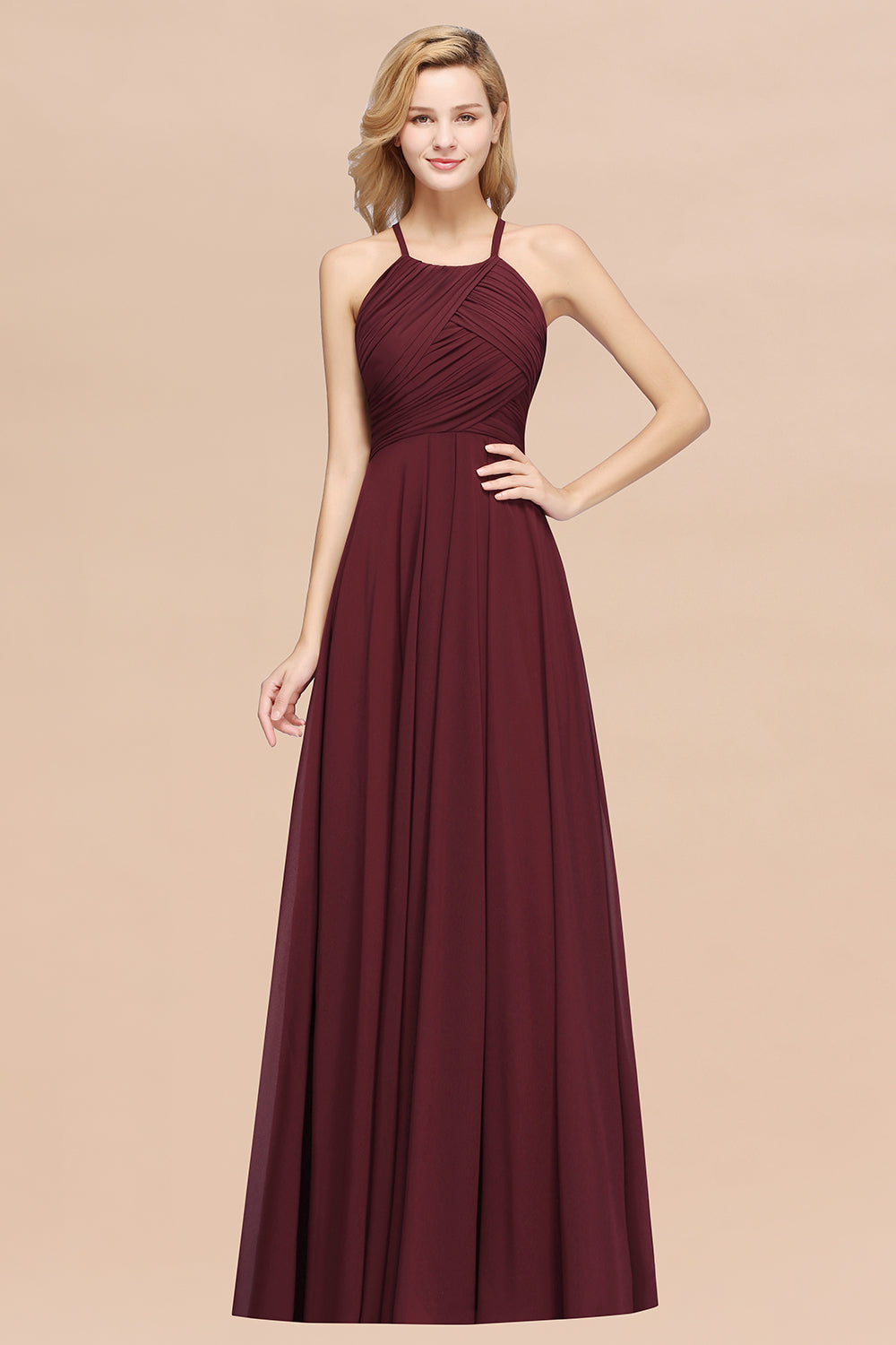 A-Line Chiffon Halter Ruffles Floor Length Bridesmaid Dress
