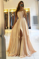 Classy Long A-line Scoop Neck Satin Open Back Prom Dress with Slit