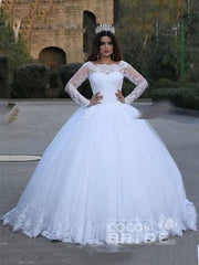 Long Sleeves Ball Gown White Lace Appliques Wedding Dresses