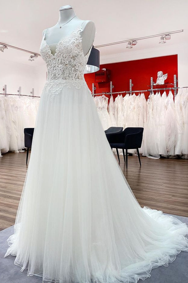 Classy Long A-line Tulle V Neck Sleeveless Ruffles Wedding Dress With Lace