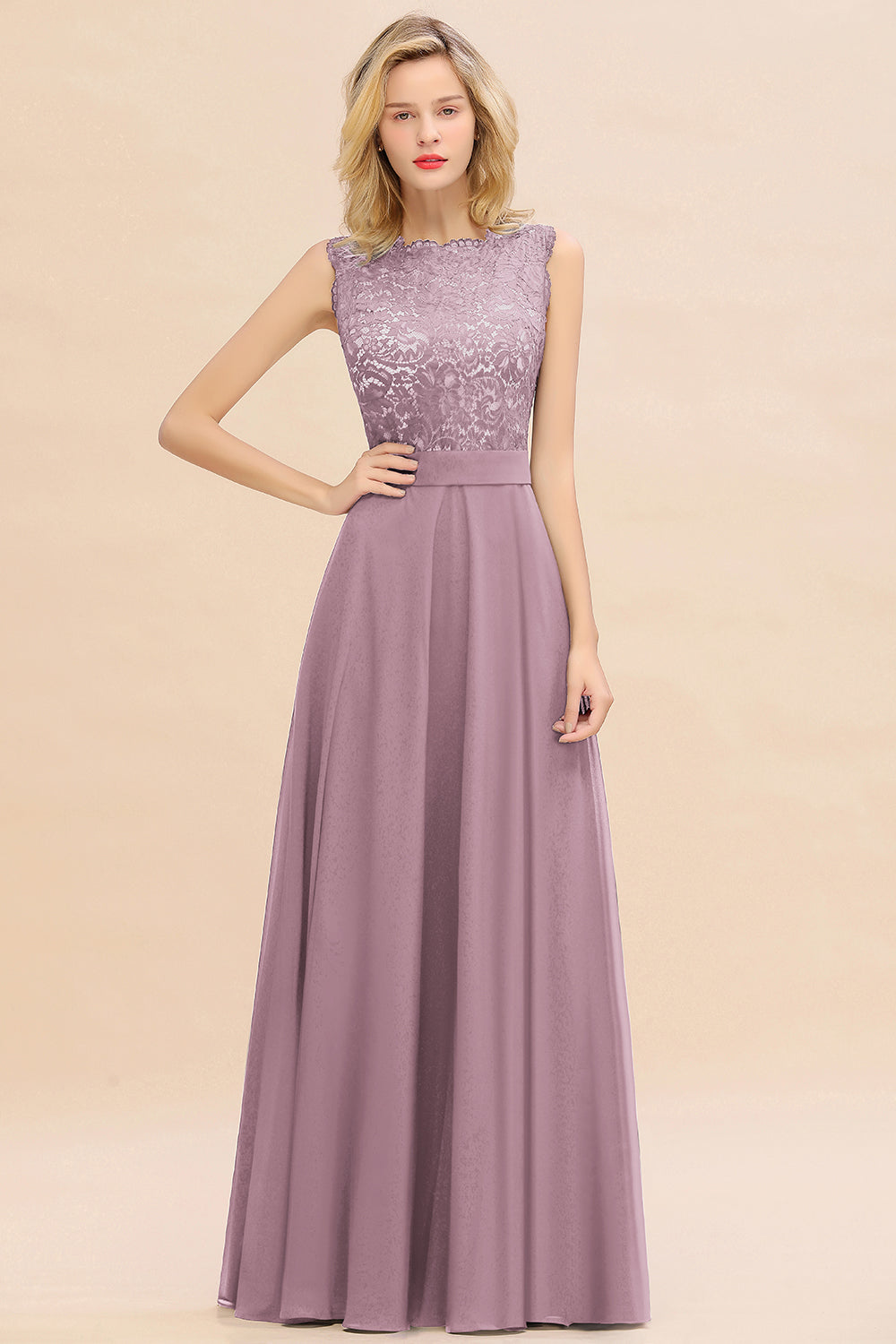 Long A-line Chiffon Lace Sleeveless Bridesmaid Dresses