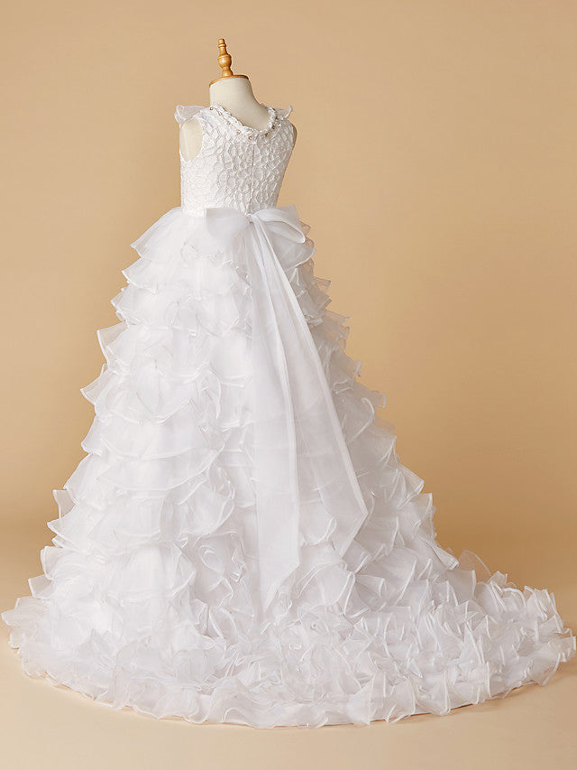 White Long A-line Tulle Lace Sleeveless First Communion Flower Girl Dresses