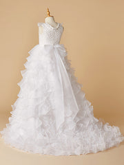 White Long A-line Tulle Lace Sleeveless First Communion Flower Girl Dresses