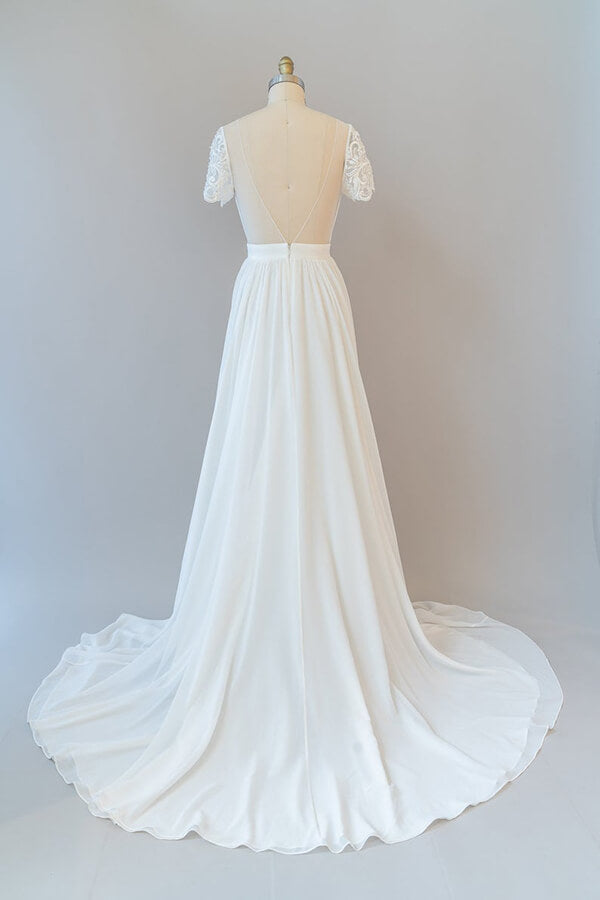 Long Sweetheart Ruffle Chiffon A-line Wedding Dress with Short Sleeve