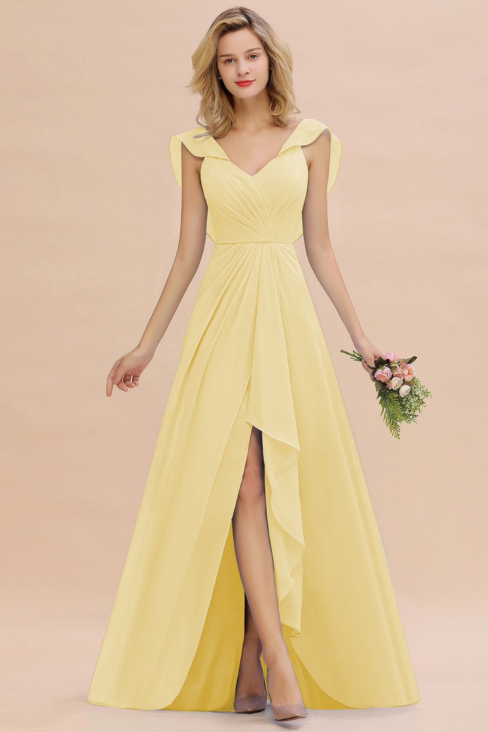 Simple High Low A-line V-Neck Ruffles Chiffon Bridesmaid Dress