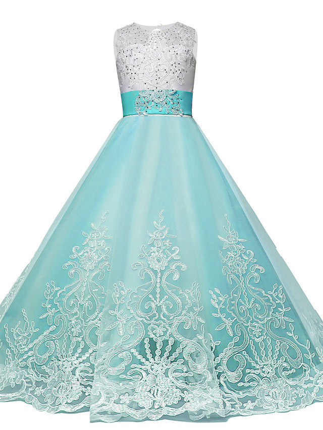 Long A-line Tulle Lace Sleeveless Jewel Neck Pageant Flower Girl Dresses