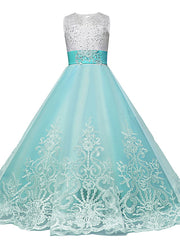 Long A-line Tulle Lace Sleeveless Jewel Neck Pageant Flower Girl Dresses