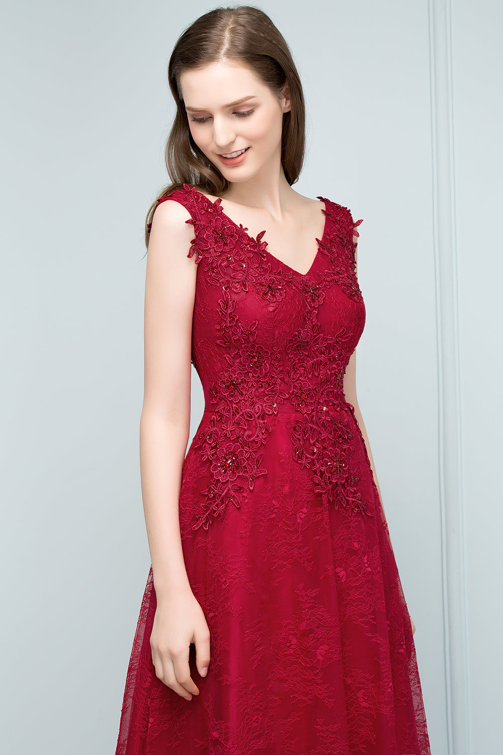 Long V-neck Tulle Lace A-line Evening Formal Dress
