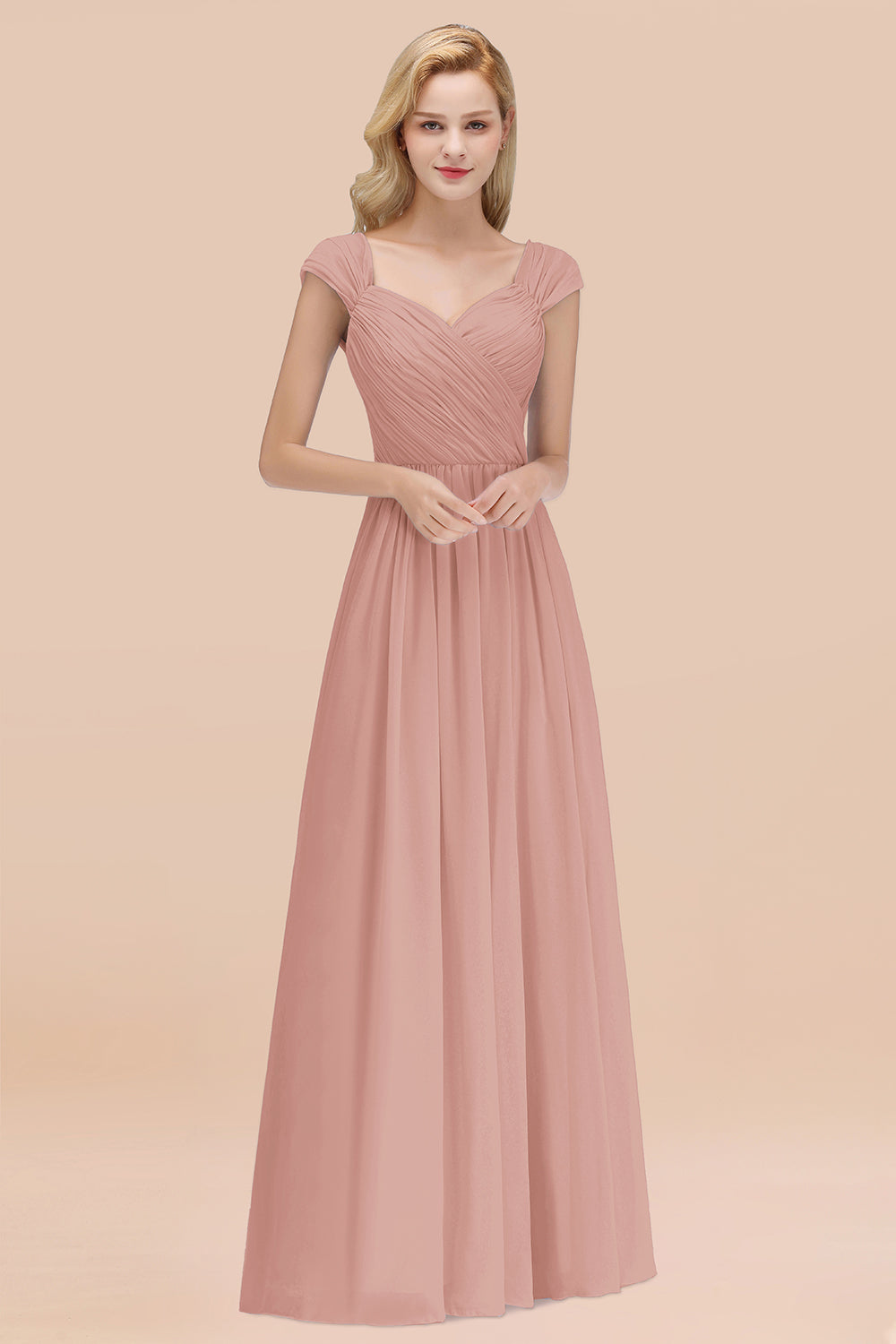 A-Line Chiffon Straps Sweetheart Sleeveless Floor Length Bridesmaid Dress with Ruffles