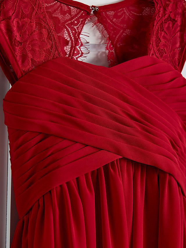 Red Long A-line Chiffon Floor Length Junior Bridesmaid Dress with Lace