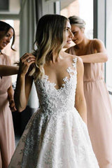 Long Straps V-neck Floral Lace Beads A-line Wedding Dress