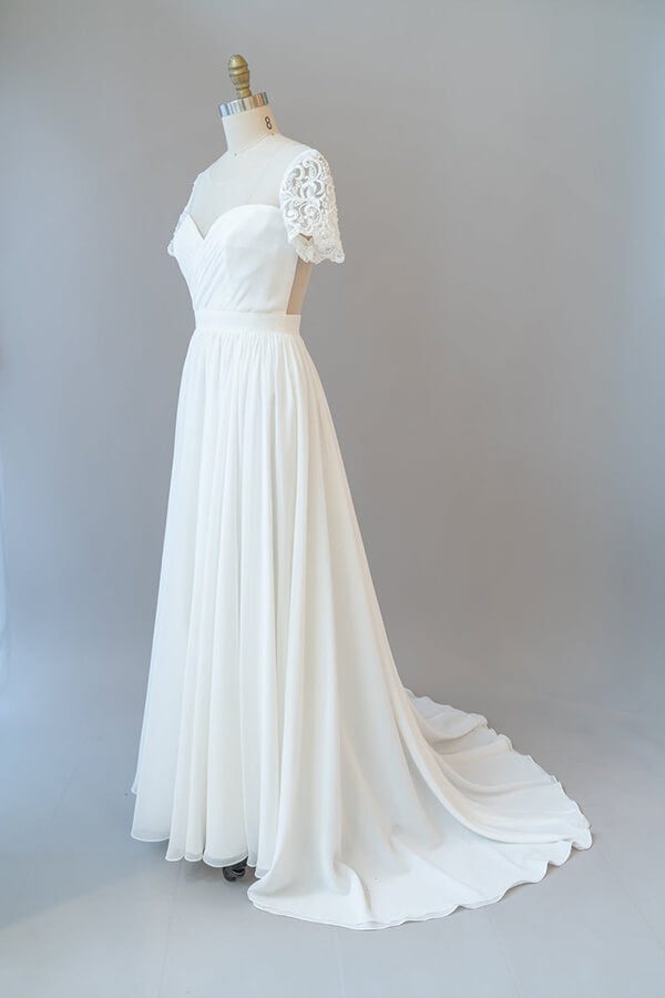 Long Sweetheart Ruffle Chiffon A-line Wedding Dress with Short Sleeve