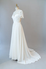 Long Sweetheart Ruffle Chiffon A-line Wedding Dress with Short Sleeve
