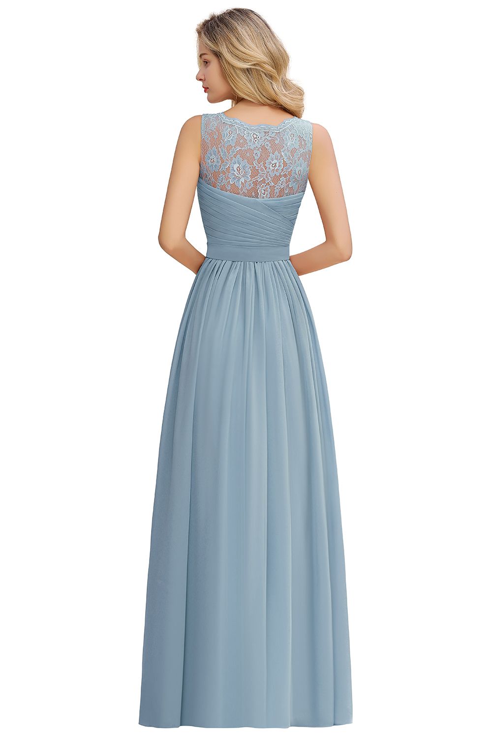 Long A Line Chiffon Sleeveless Lace Bridesmaid Dress with Ruffle