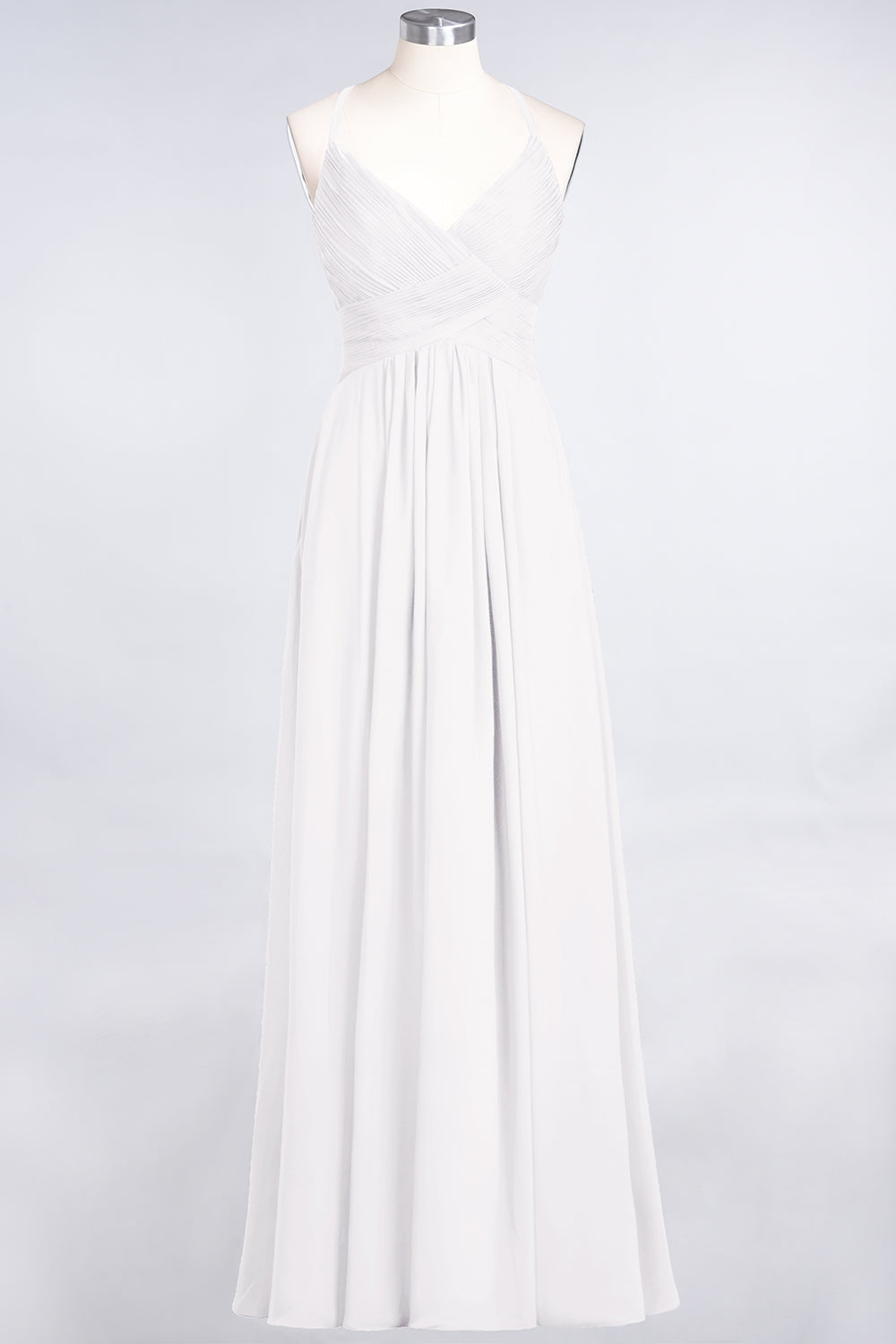 A-Line Chiffon Spaghetti Straps V-Neck Sleeveless Floor Length Bridesmaid Dress with Ruffles