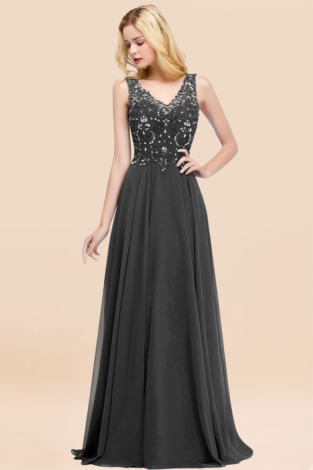 Dusty Rose Lace V-Neck Long Bridesmaid Dresses With Appliques