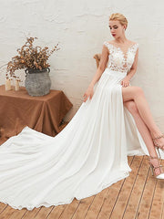 Boho Long A-line Jewel Neck Court Train Chiffon Wedding Dresses with Slit