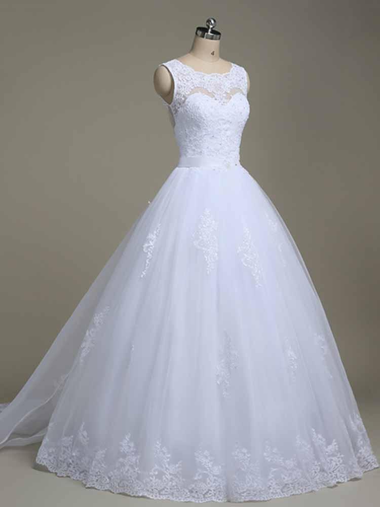 Elegant Long White Jewel Lace Ball Gown Wedding Dresses