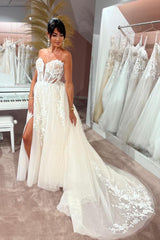 Sexy A-line Sweetheart Sleeveless Lace Chiffon Long Appliques Wedding dress with Split