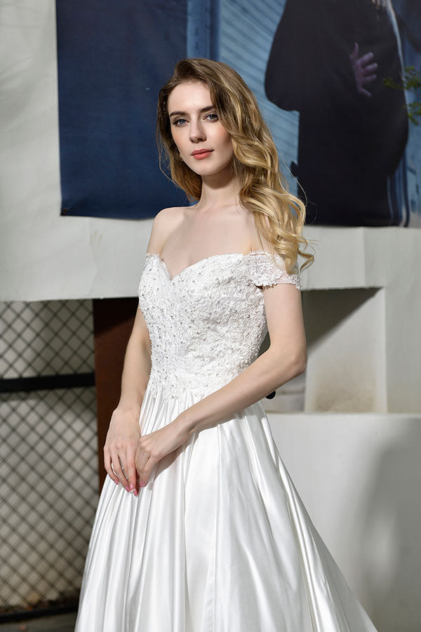 Long A-line Off the Shoulder Appliques Lace Satin Wedding Dress