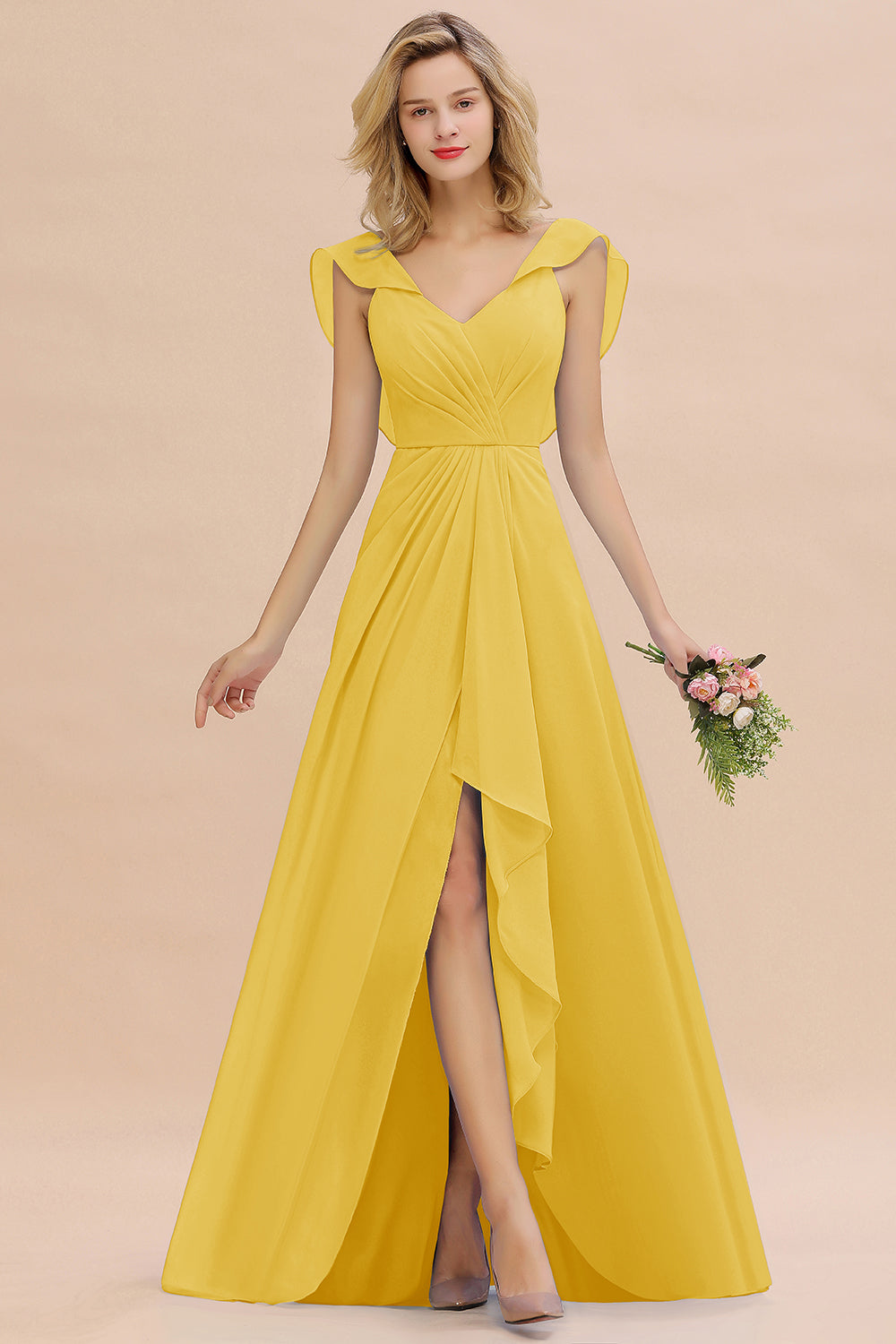 Simple High Low A-line V-Neck Ruffles Chiffon Bridesmaid Dress
