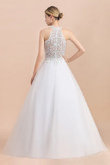 Long Halter Lace Appliques A-line Tulle Sleeveless Wedding Dress