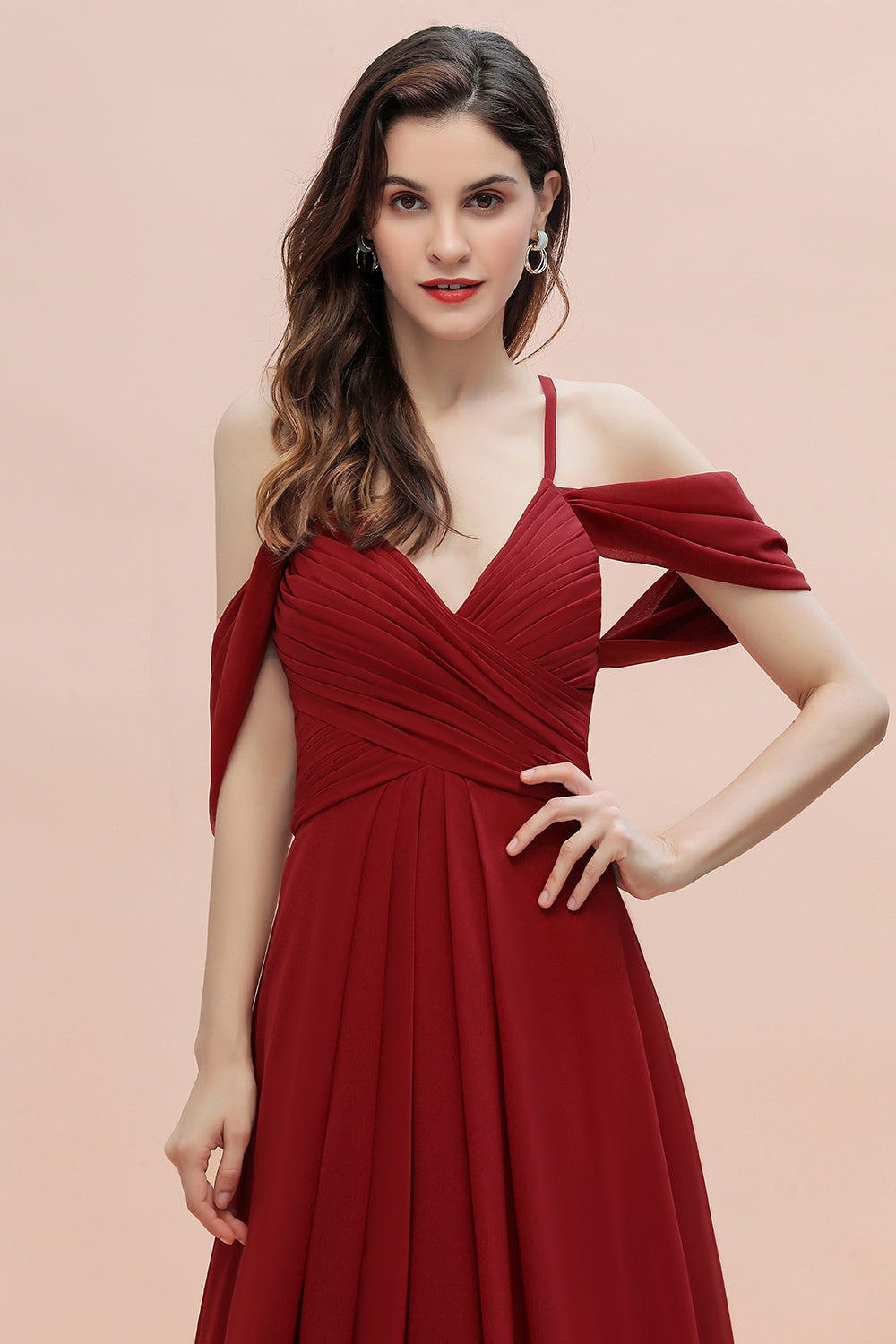 Elegant Long A-line Chiffon V-neck Bridesmaid Dress with Straps Cross Back