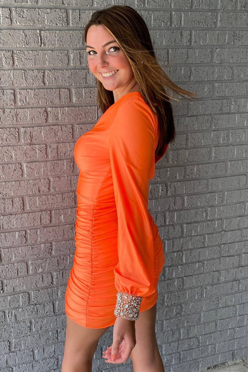 Elegant Long Sleeves Orange Short Mermaid V-neck Party Dress