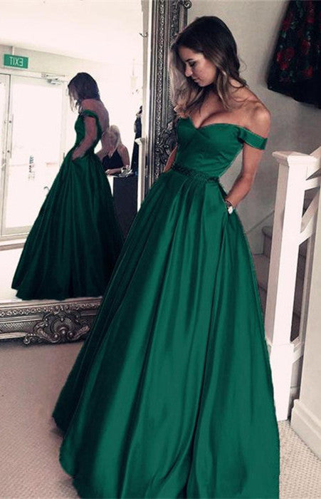 Elegant Long A-line Off the Shoulder Satin Prom Dress with Pockets