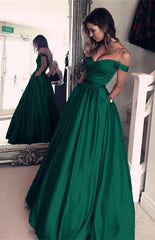 Elegant Long A-line Off the Shoulder Satin Prom Dress with Pockets