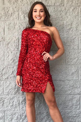 One Shoulder Sequined Short Homecoming Dress with Long Sleeves