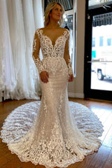 Charming Long Sleeves Mermaid V-neck Tulle Lace Wedding Dress with Ruffles