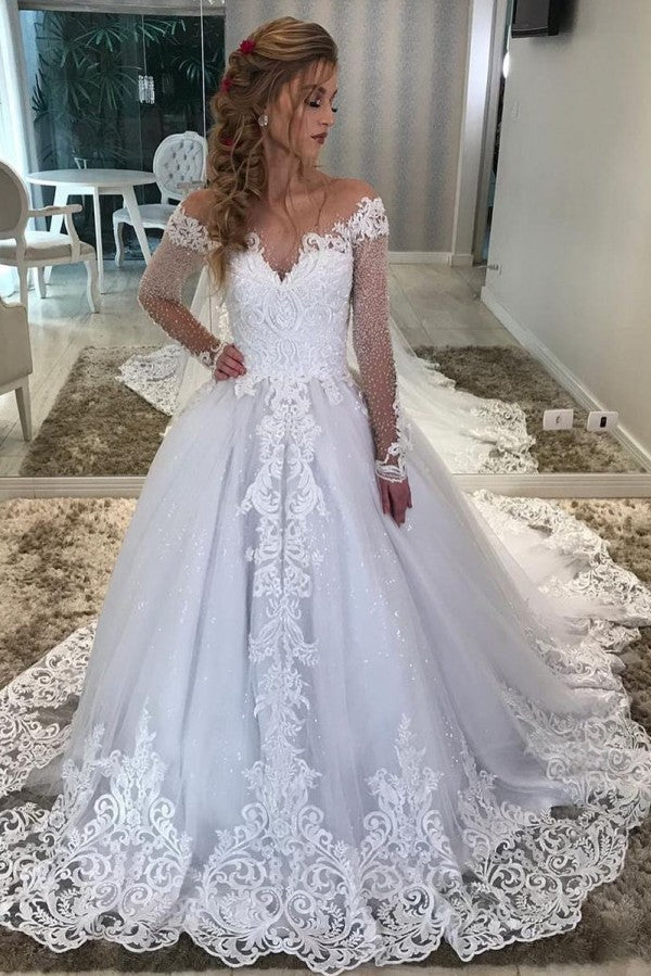 Vintage Long A-Line Sweetheart Off the Shoulder Appliques Lace Wedding Dress with Long Sleeve