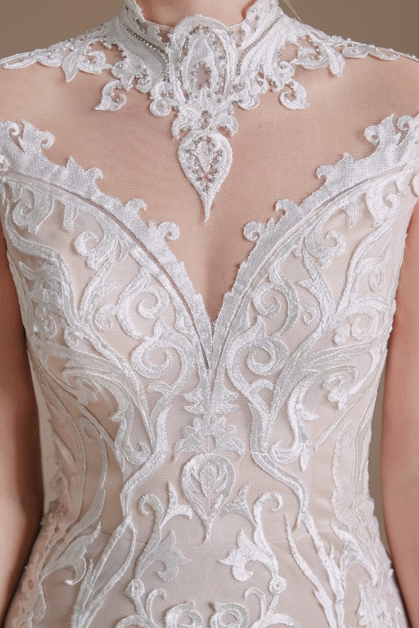 Vintage Long Mermaid High Neck Lace Wedding Dress with sleeves