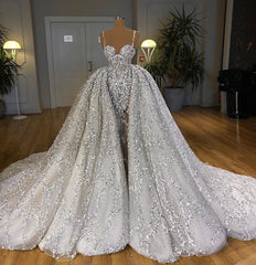 Long Sweetheart Sequins Mermaid Wedding Dress With Ruffles Train
